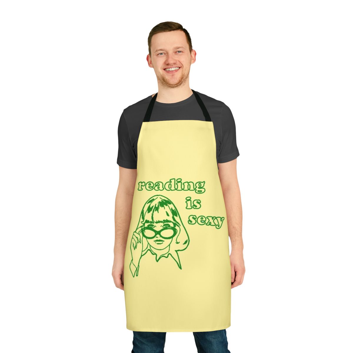 A stylish apron with the text "Reading Is Sexy" and the character Rory from the popular TV show