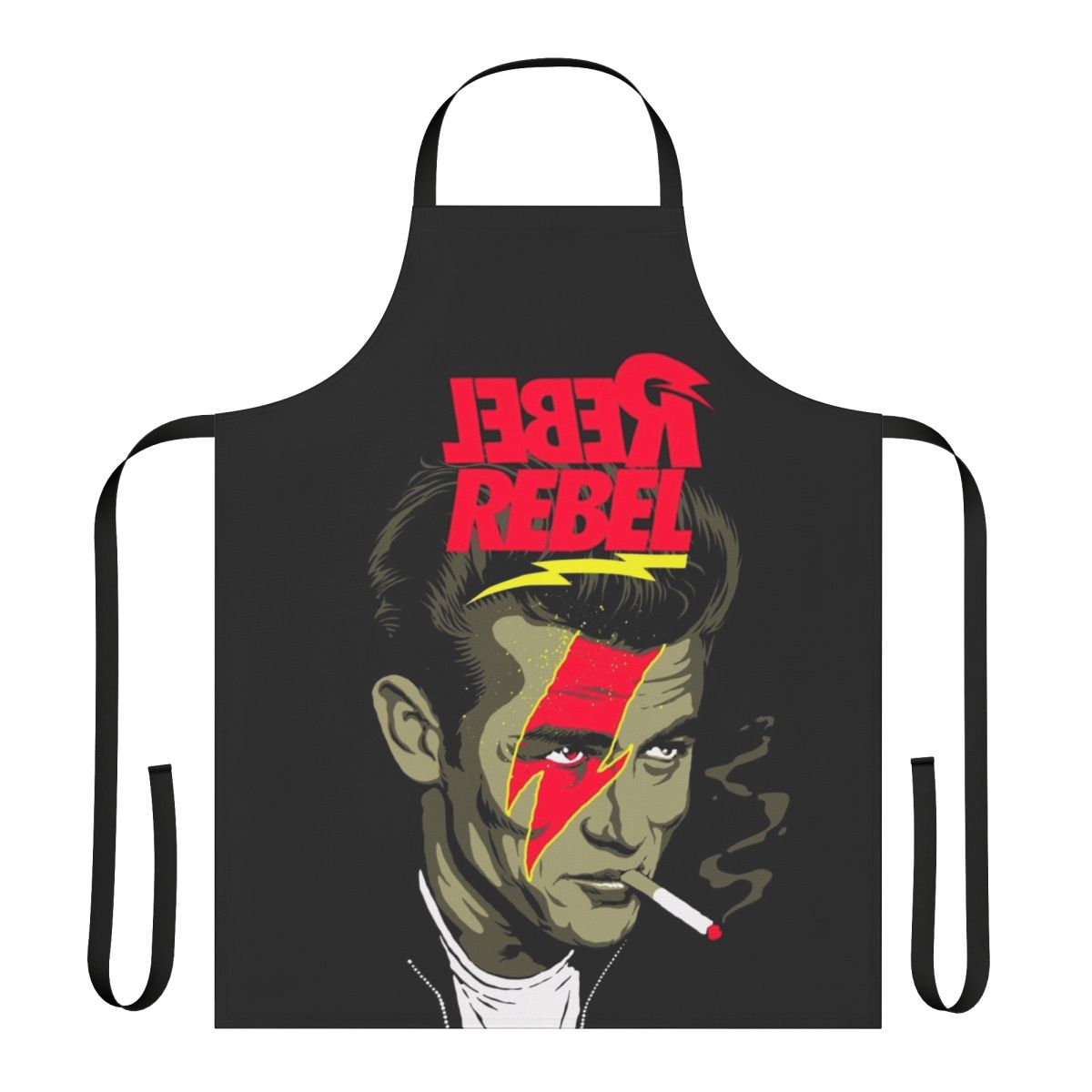 Rebel-themed apron featuring star wars, david bowie, and rebel without a cause imagery
