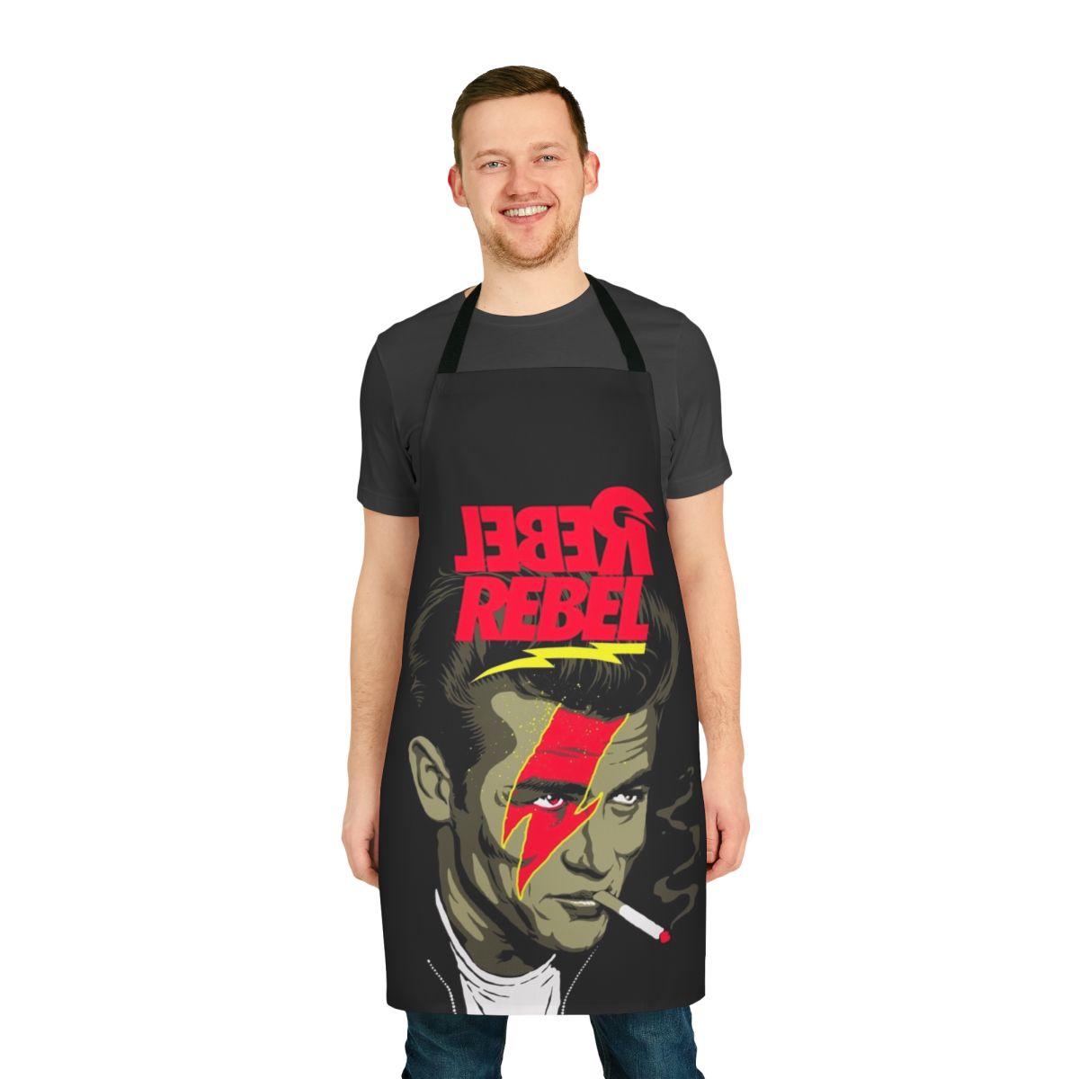 Rebel-themed apron featuring star wars, david bowie, and rebel without a cause imagery