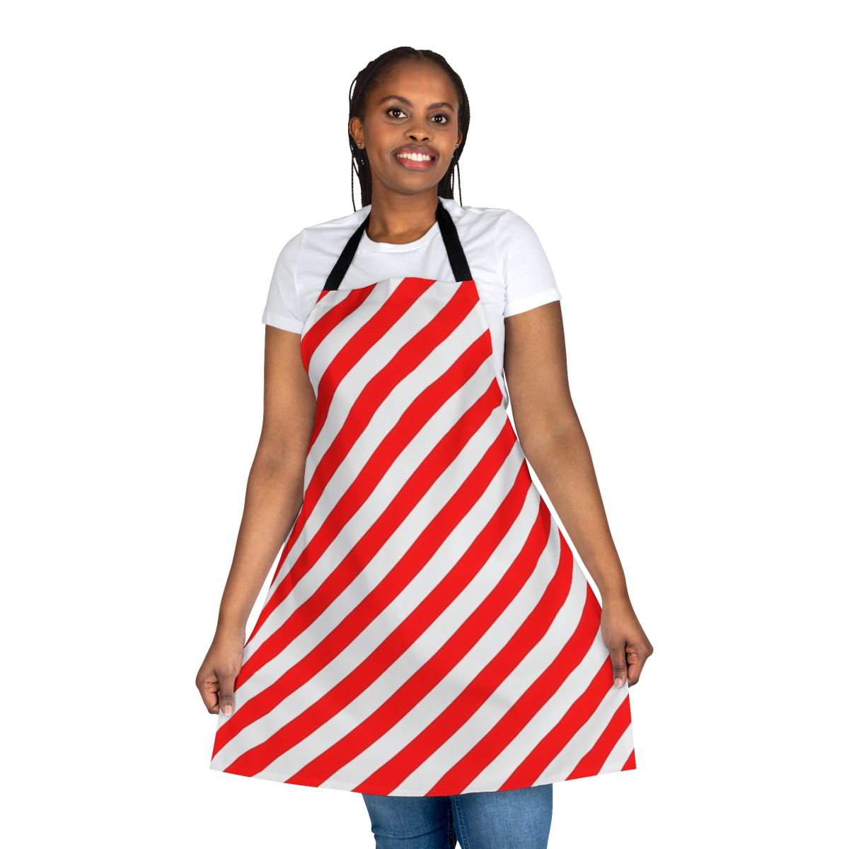 Red and white diagonal striped cotton apron