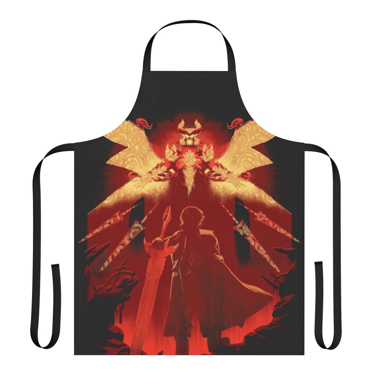 Red apron with devil and sword design, perfect for gaming enthusiasts