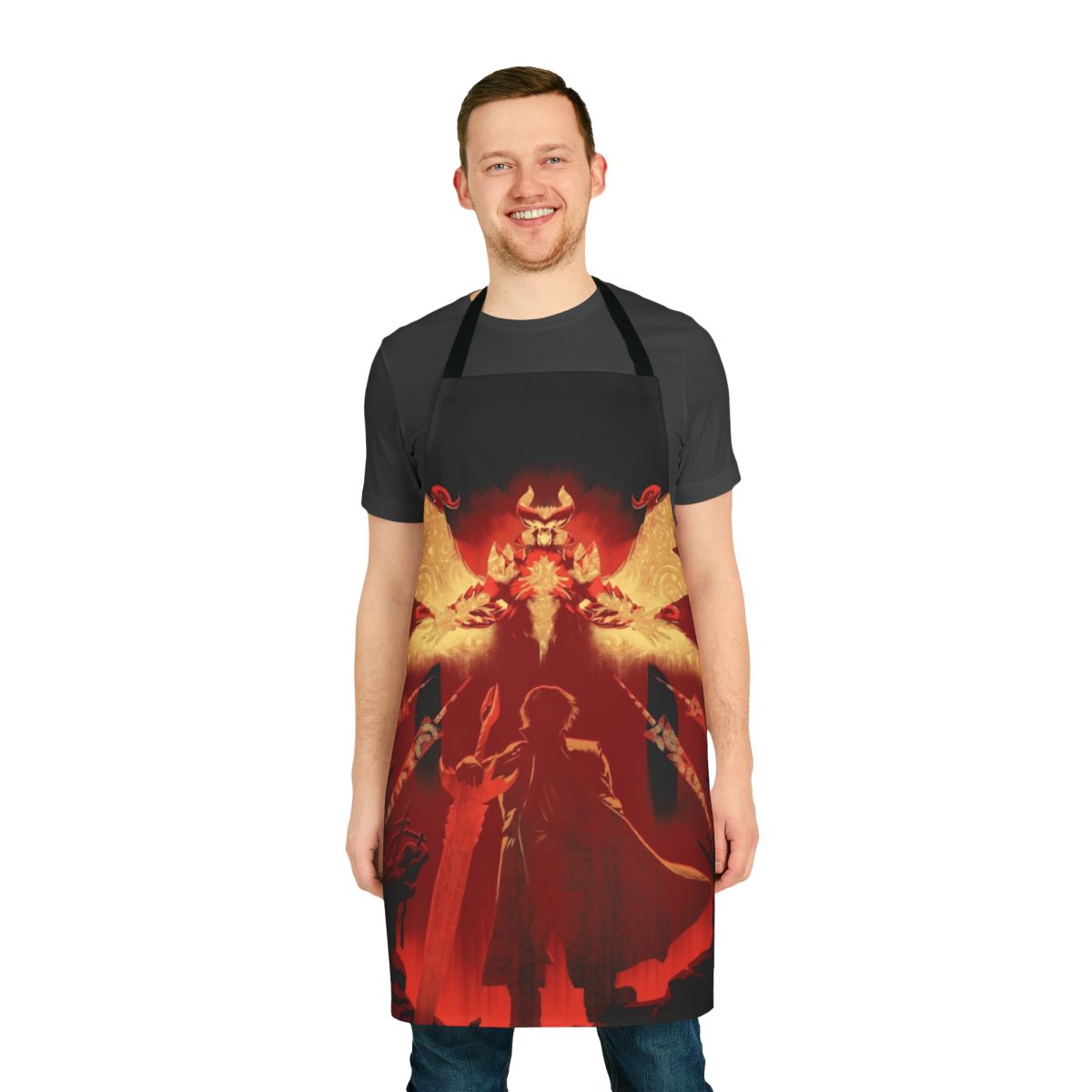 Red apron with devil and sword design, perfect for gaming enthusiasts