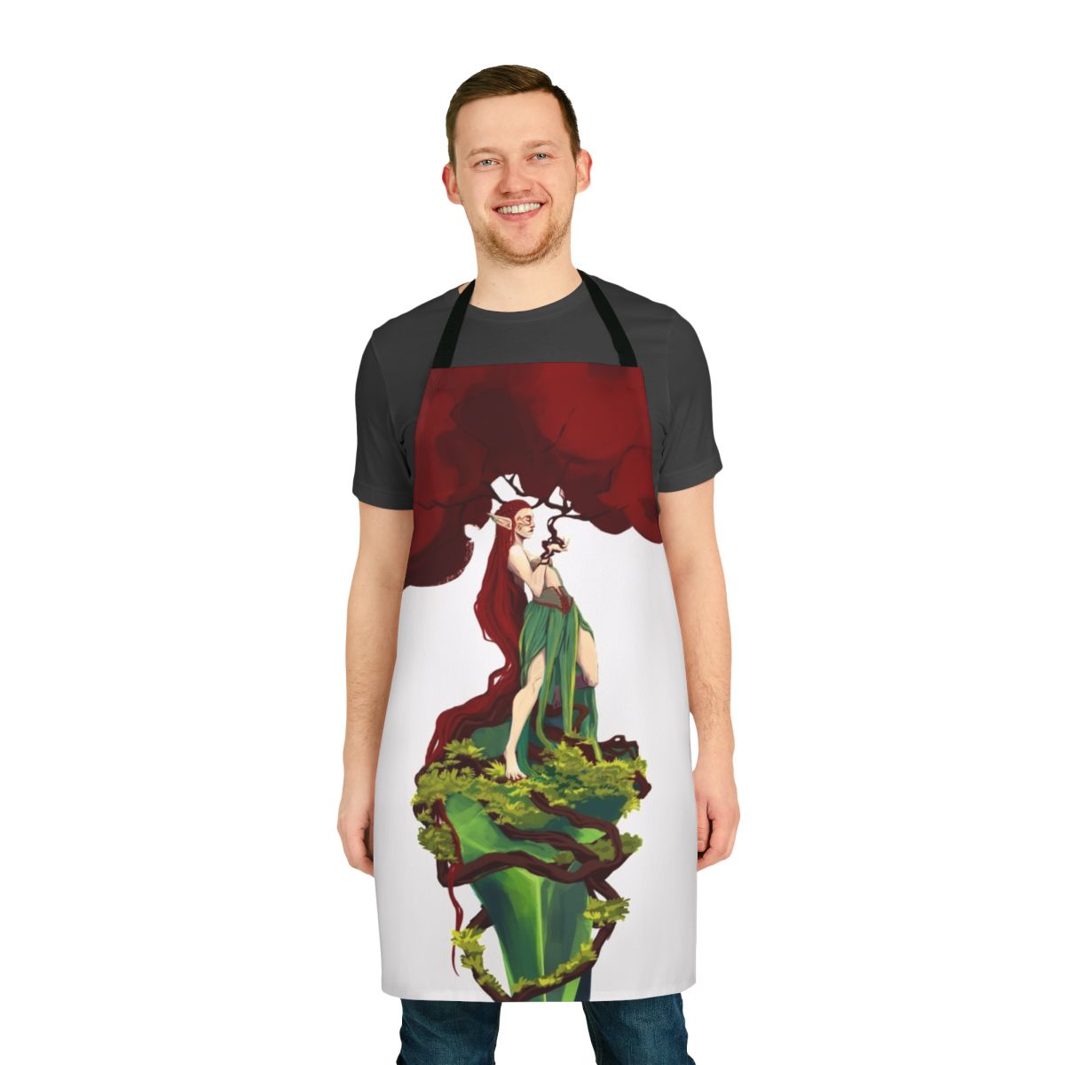 Red tree-patterned apron for kitchen use