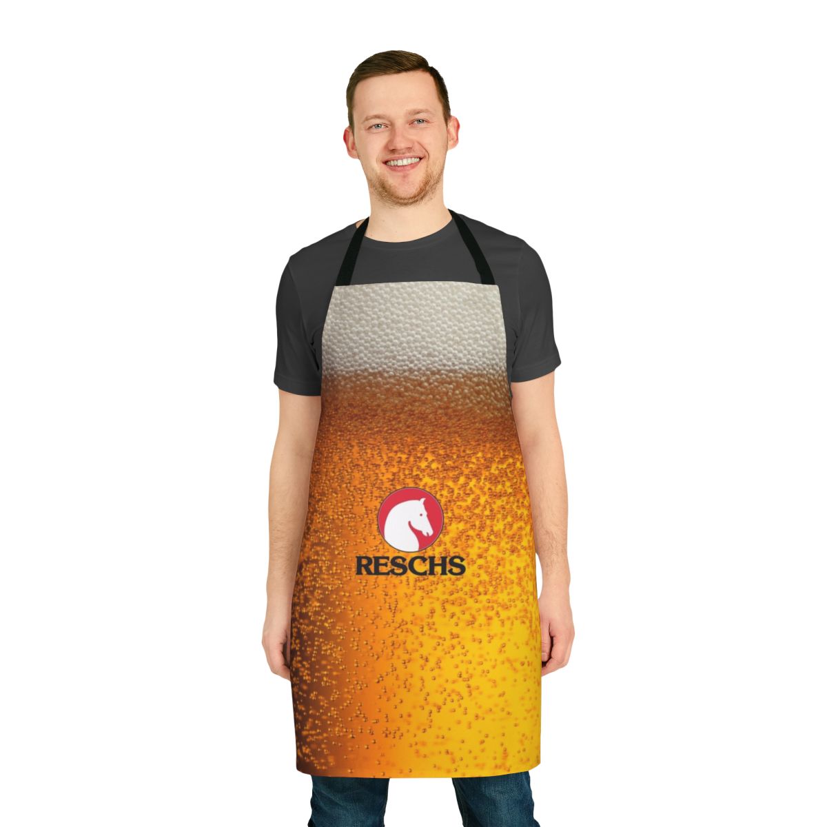 Reschs Beer-themed apron with a tartan horse design