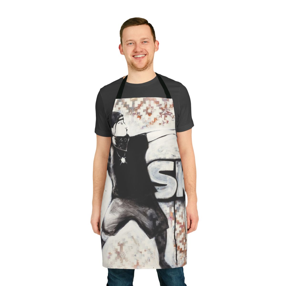 Reservation Dogs themed apron featuring a bold, contemporary native american art design