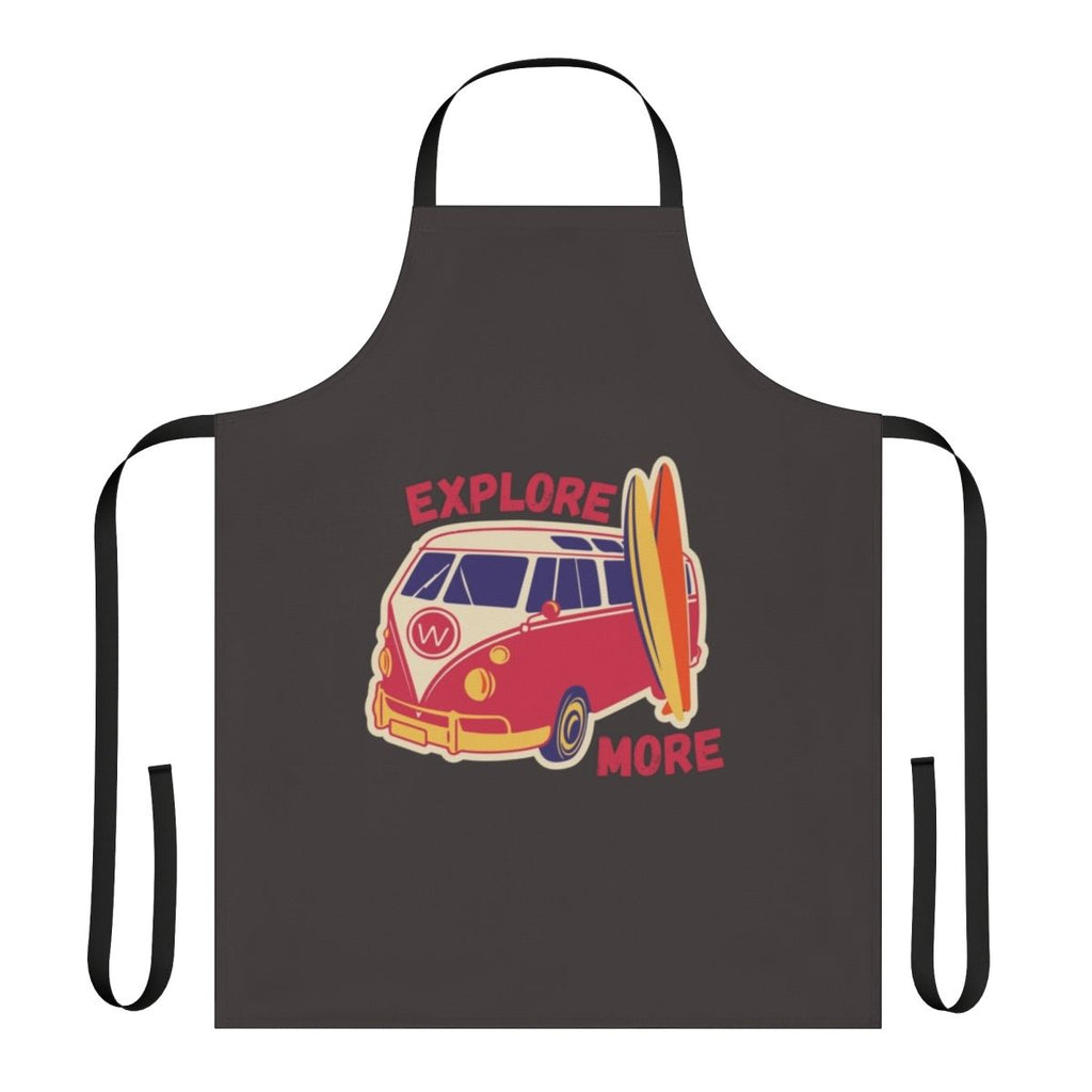 Vintage-inspired red apron with a design celebrating travel, adventure, and hobbies
