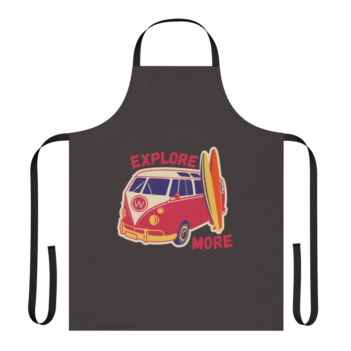 Vintage-inspired red apron with a design celebrating travel, adventure, and hobbies