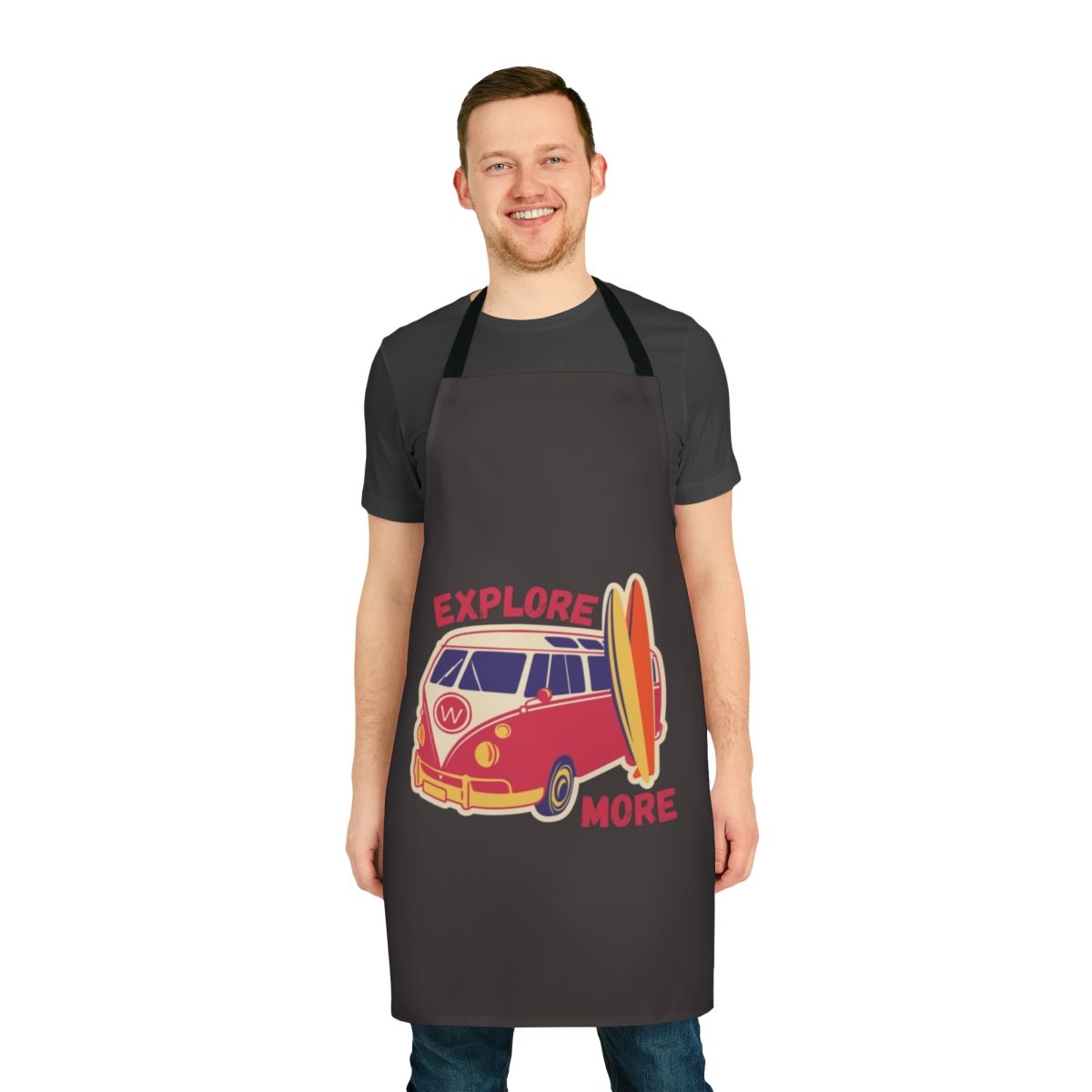Vintage-inspired red apron with a design celebrating travel, adventure, and hobbies