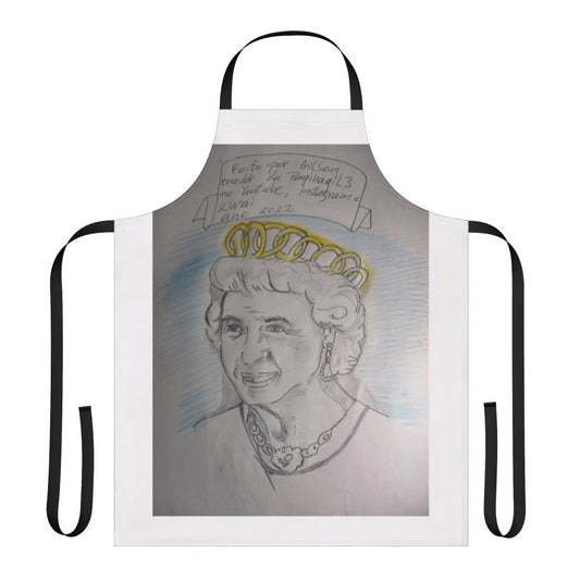 Model wearing a stylish retro-inspired apron with various design elements