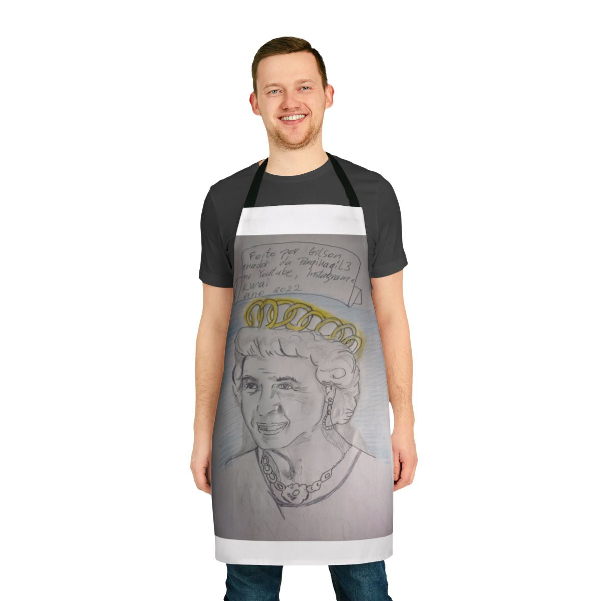 Model wearing a stylish retro-inspired apron with various design elements