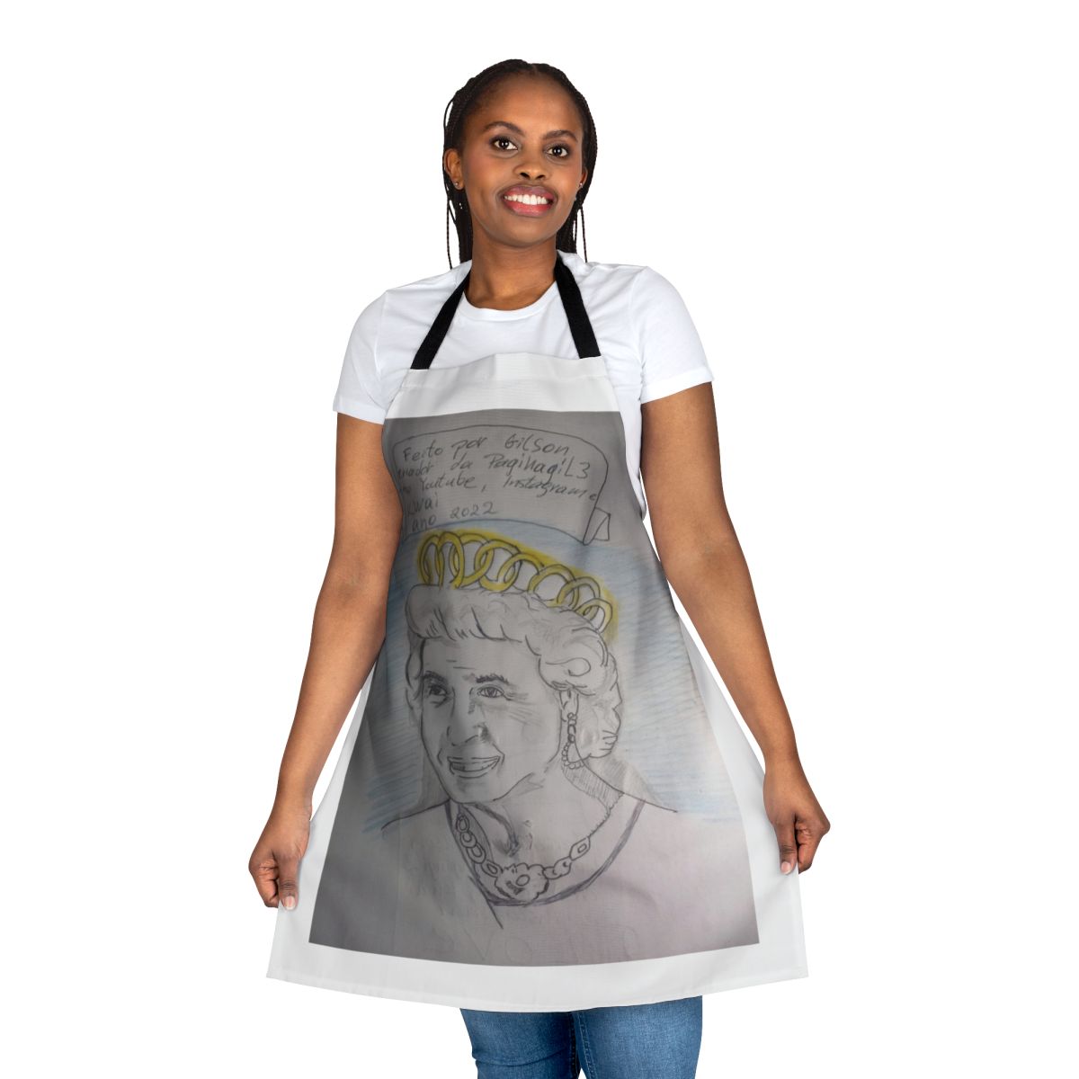Model wearing a stylish retro-inspired apron with various design elements