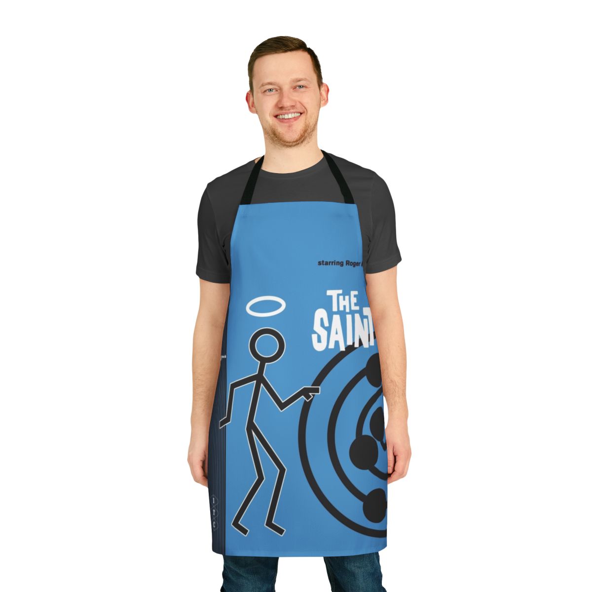 Apron featuring a modern, minimalist design inspired by the 1960s/1970s TV series 'The Saint'