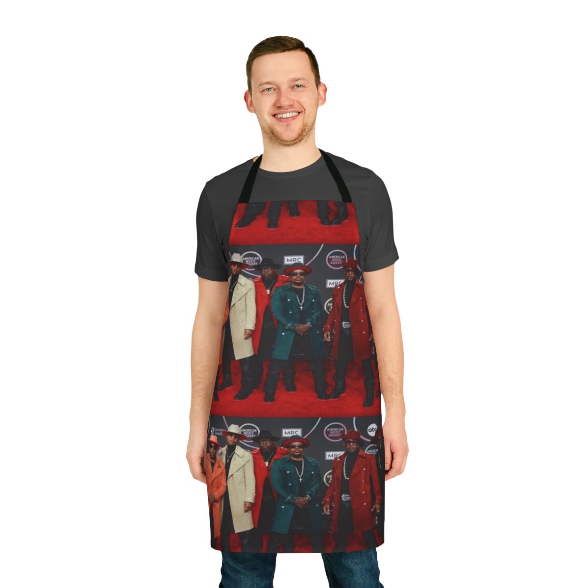 Colorful apron featuring the New Edition spinoff group Bell Biv DeVoe