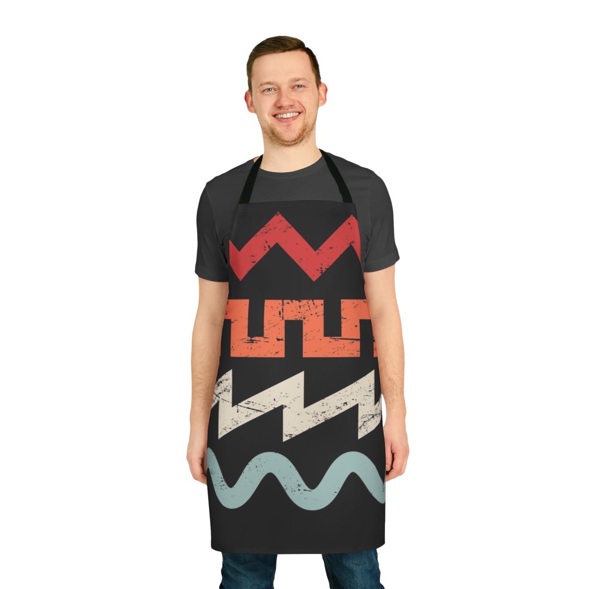 A stylish retro-inspired apron with synth waveform graphics, perfect for electronic music producers and DJs.