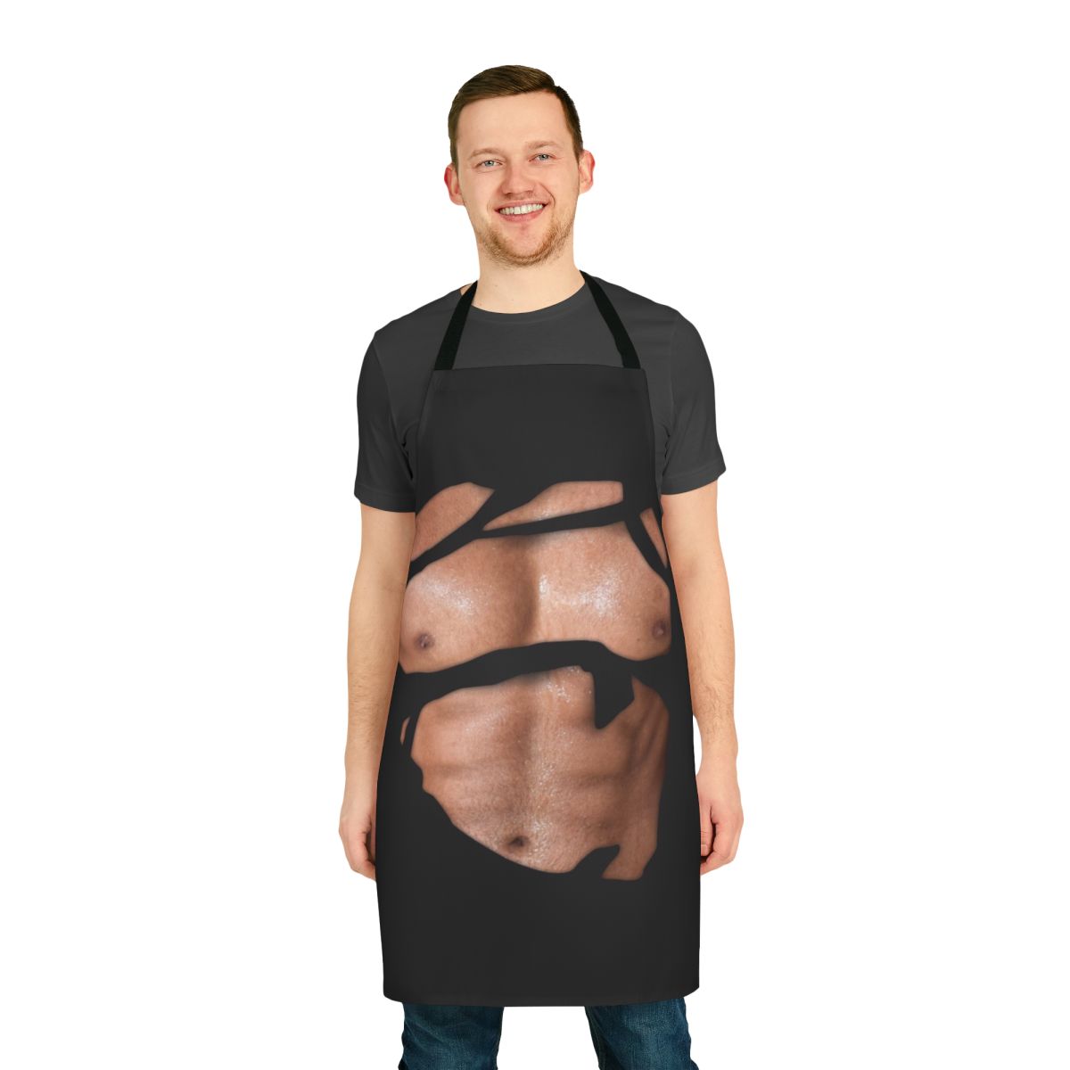 A sturdy apron featuring a distressed, ripped shirt design, perfect for the fitness-focused cook.