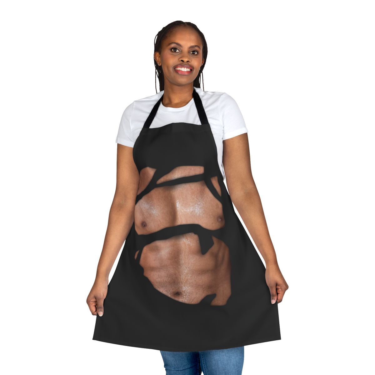 A sturdy apron featuring a distressed, ripped shirt design, perfect for the fitness-focused cook.