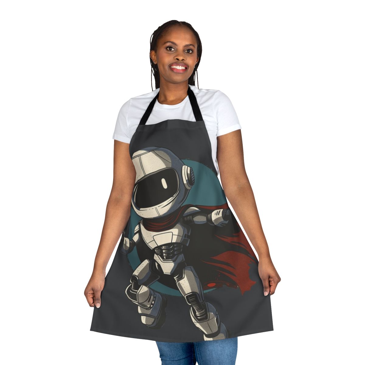 A robot-inspired apron with a playful, heroic design