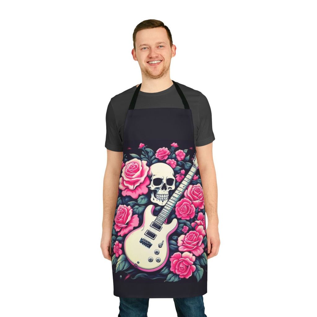 Stylish rock and roll apron featuring a skull and rose design
