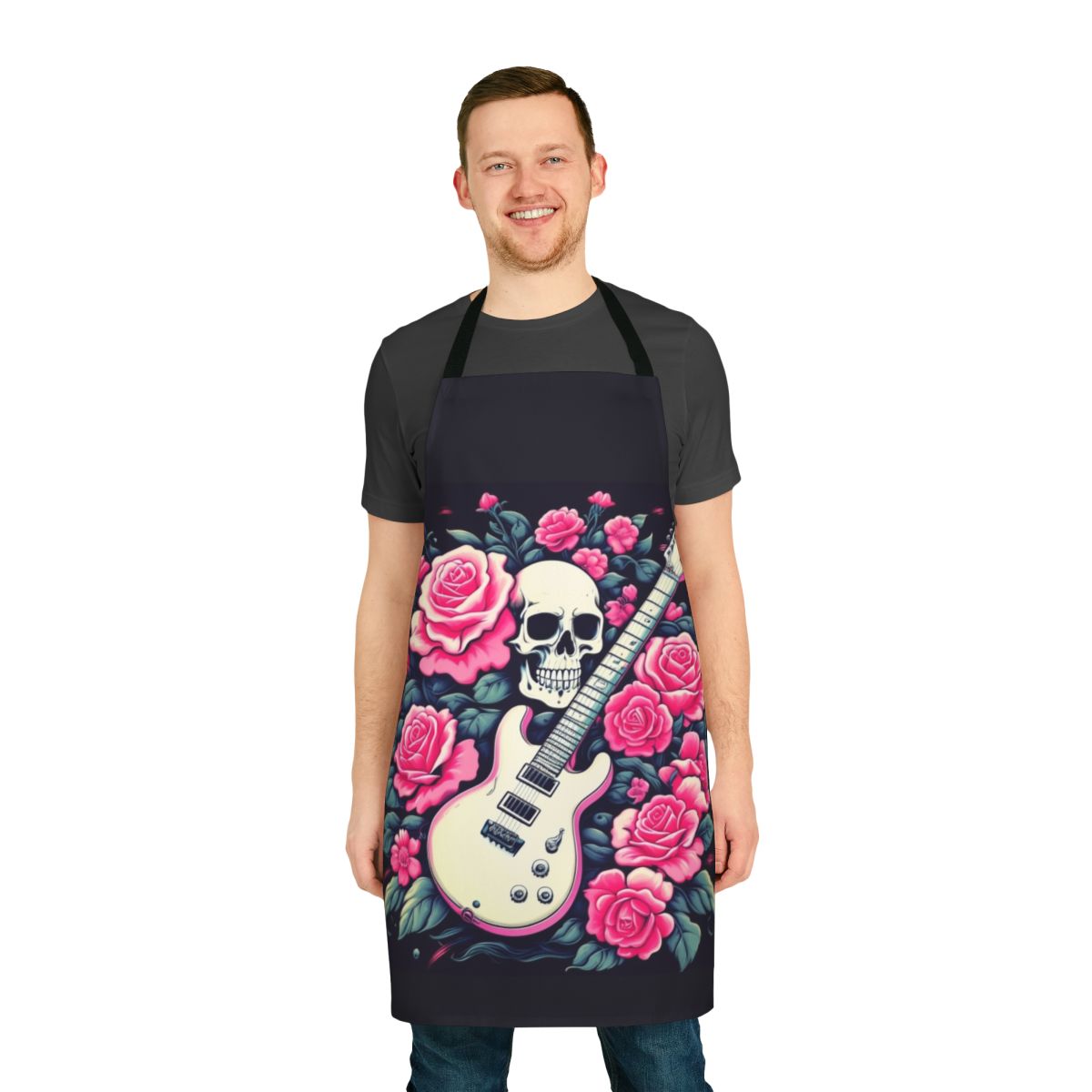 Stylish rock and roll apron featuring a skull and rose design