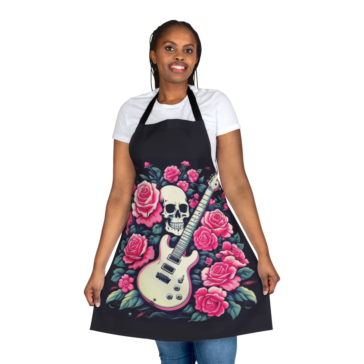 Stylish rock and roll apron featuring a skull and rose design