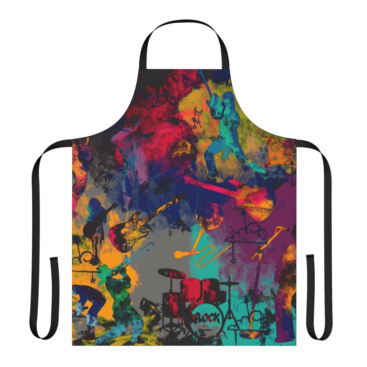 A stylish and functional rock band-themed apron for music enthusiasts.