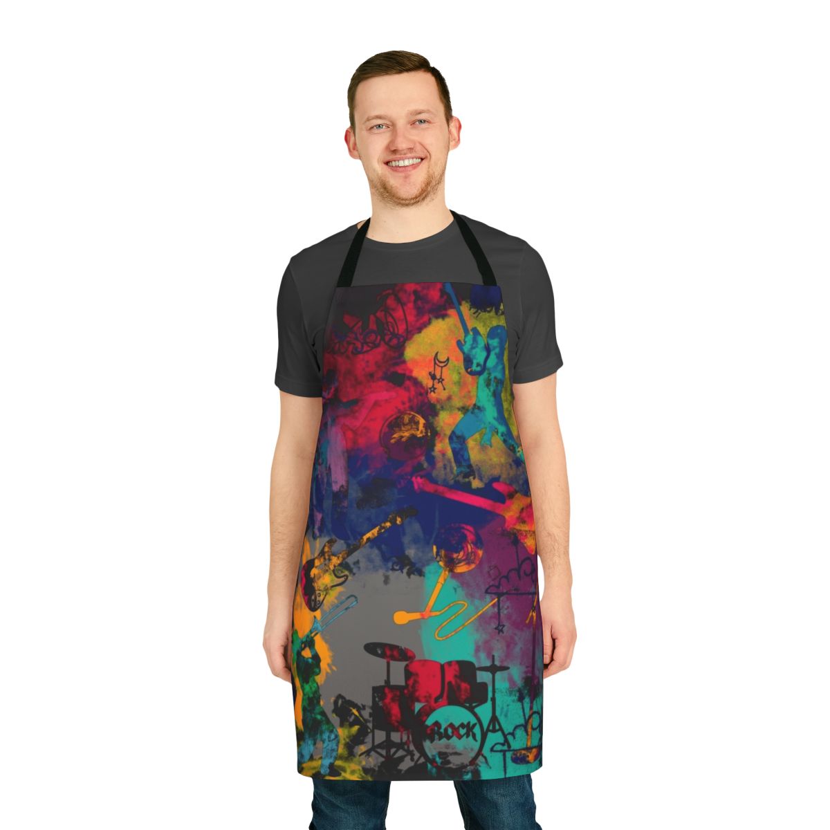 A stylish and functional rock band-themed apron for music enthusiasts.