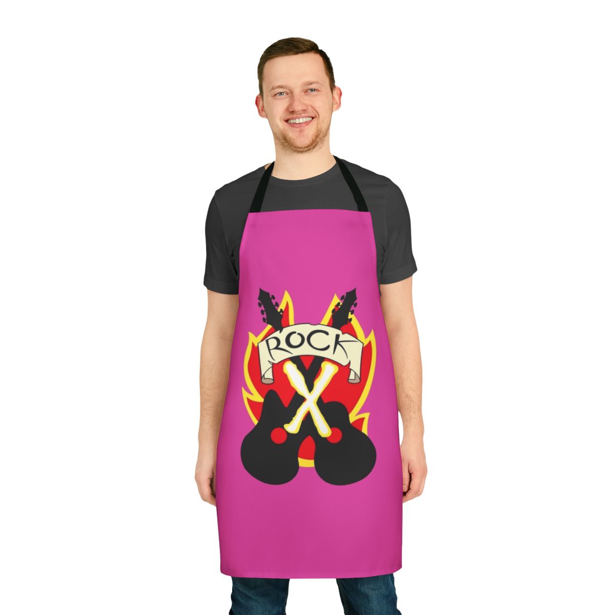 Rock-inspired crop top apron with a bold graphic design, perfect for cosplay or casual wear.