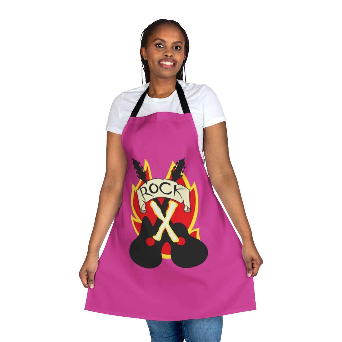 Rock-inspired crop top apron with a bold graphic design, perfect for cosplay or casual wear.