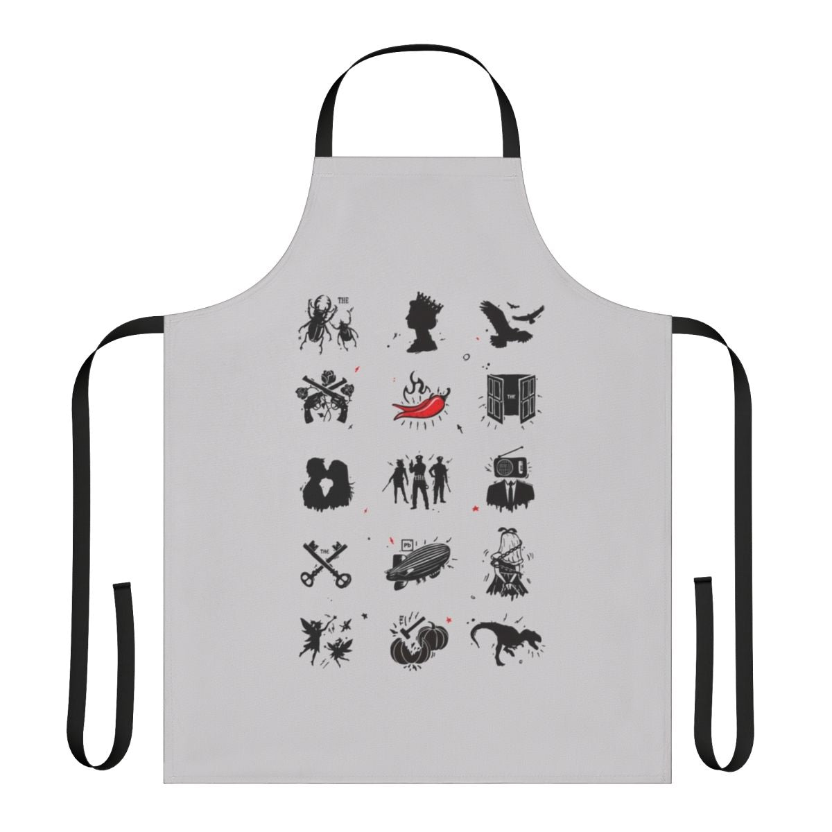 Apron featuring a collage of iconic rock band logos and names