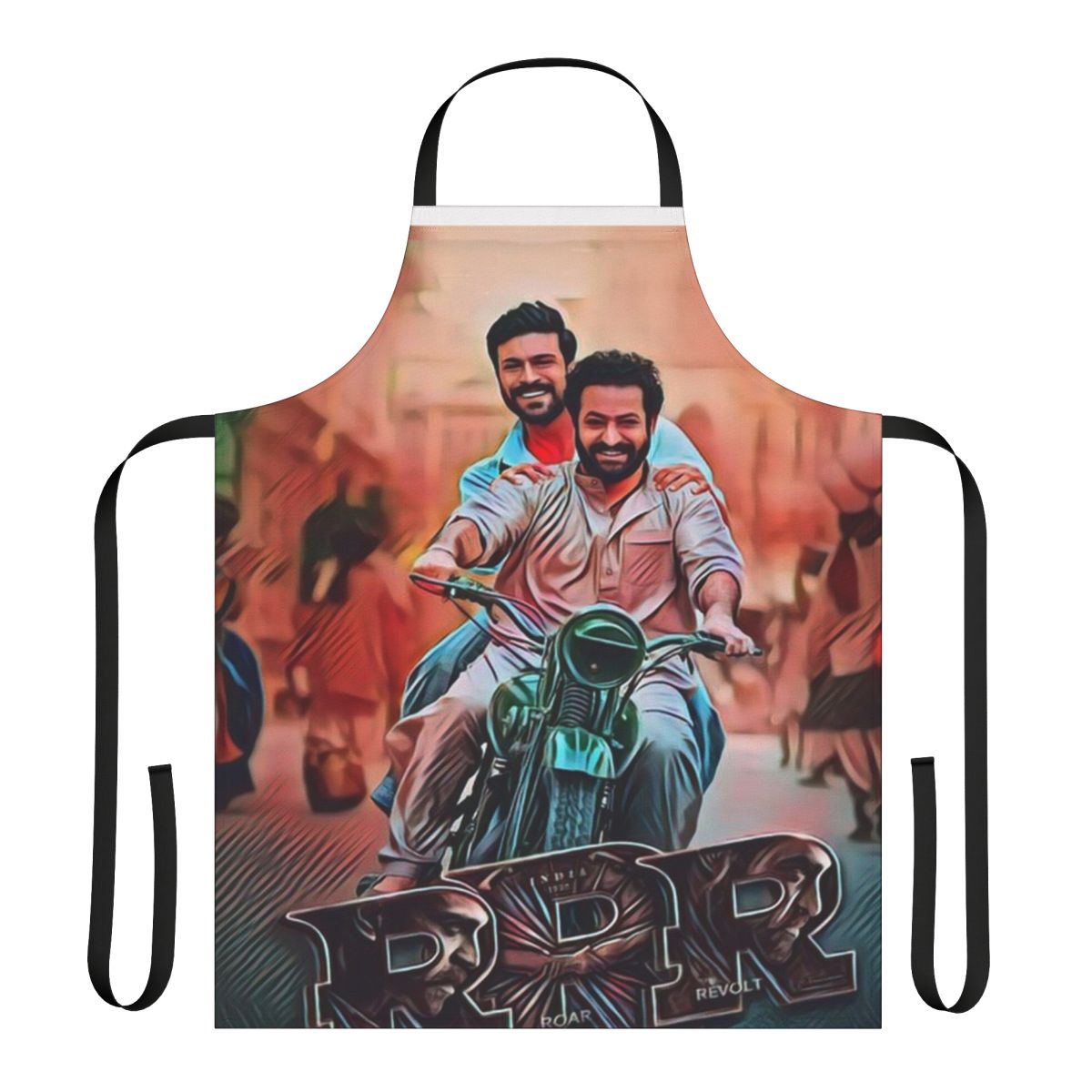 Stylish apron featuring a movie-inspired design, perfect for RRR fans in the kitchen.