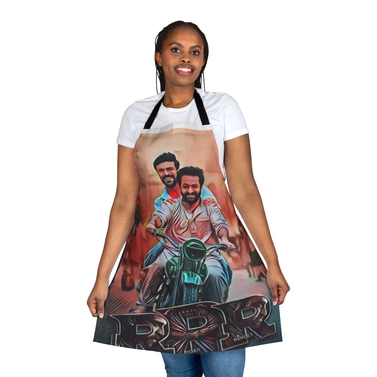 Stylish apron featuring a movie-inspired design, perfect for RRR fans in the kitchen.