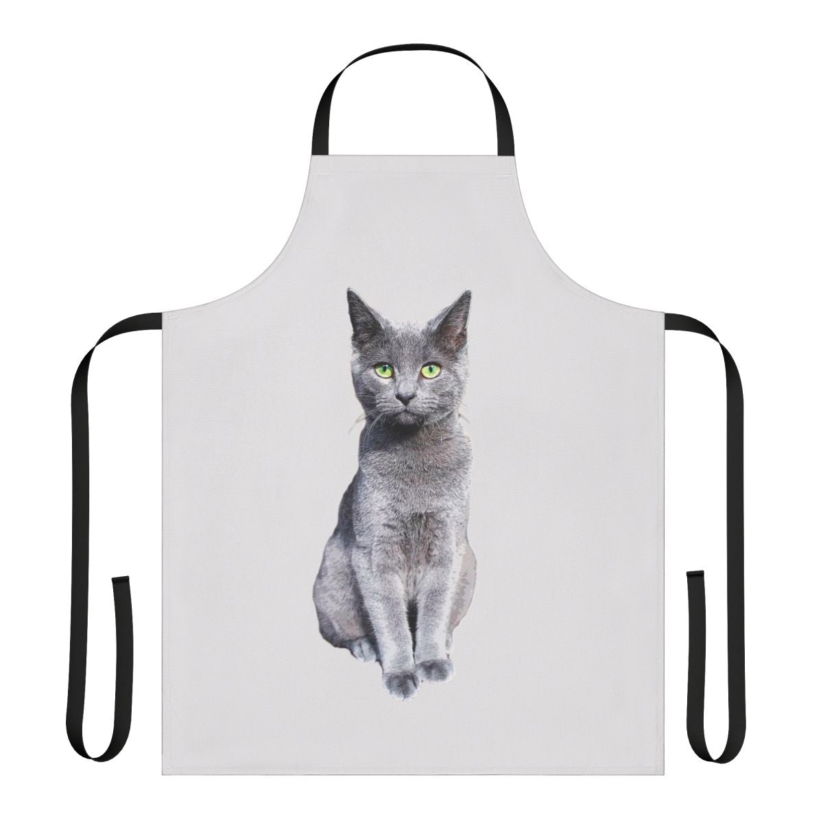 Apron featuring an illustration of a charming Russian Blue cat kitten with bright green eyes