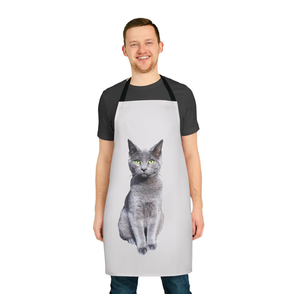 Apron featuring an illustration of a charming Russian Blue cat kitten with bright green eyes
