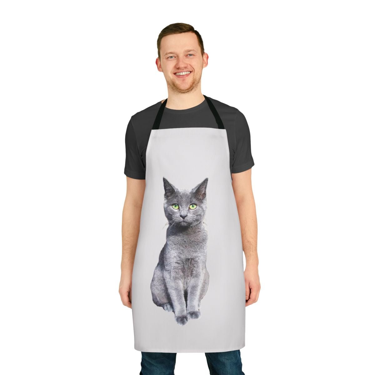 Apron featuring an illustration of a charming Russian Blue cat kitten with bright green eyes