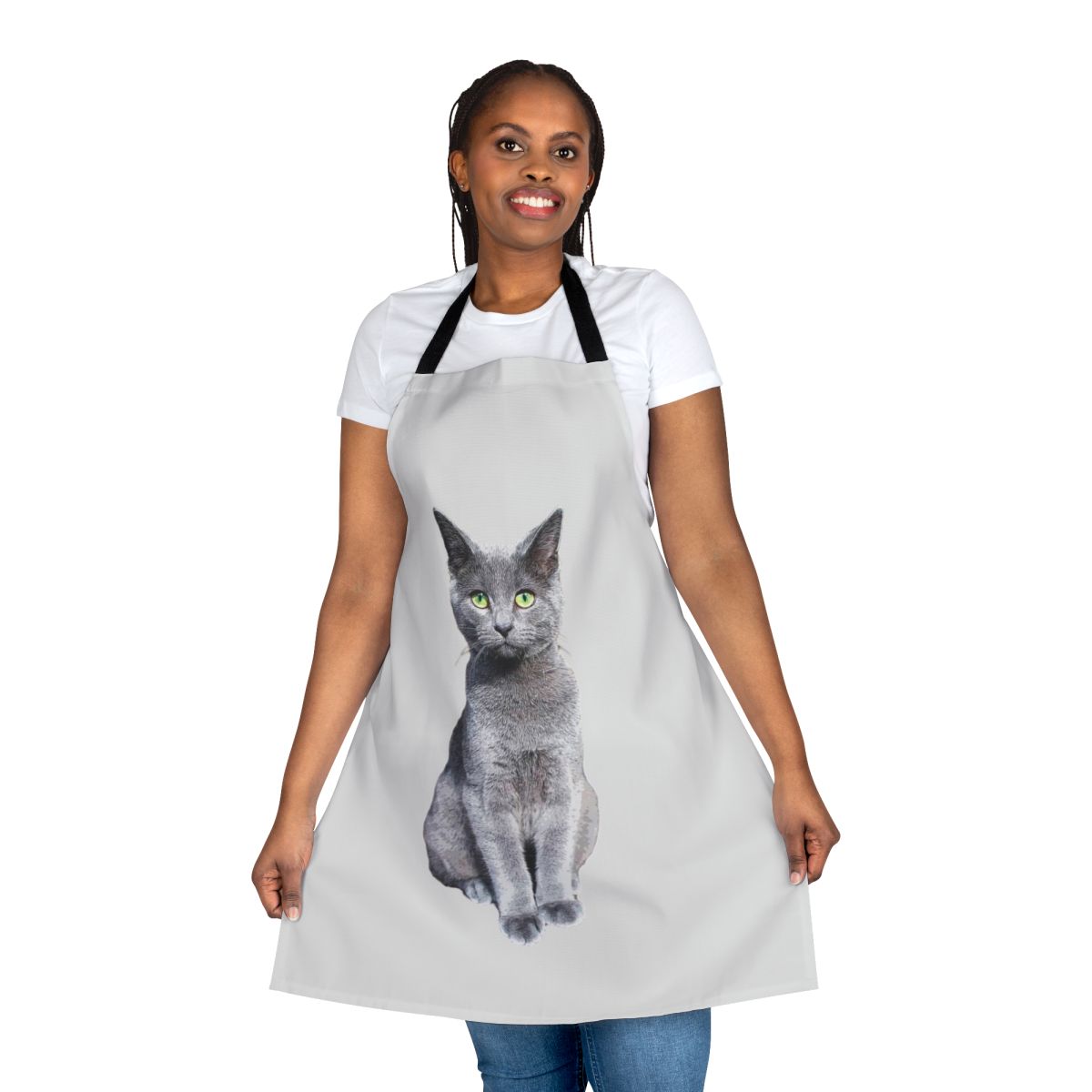Apron featuring an illustration of a charming Russian Blue cat kitten with bright green eyes