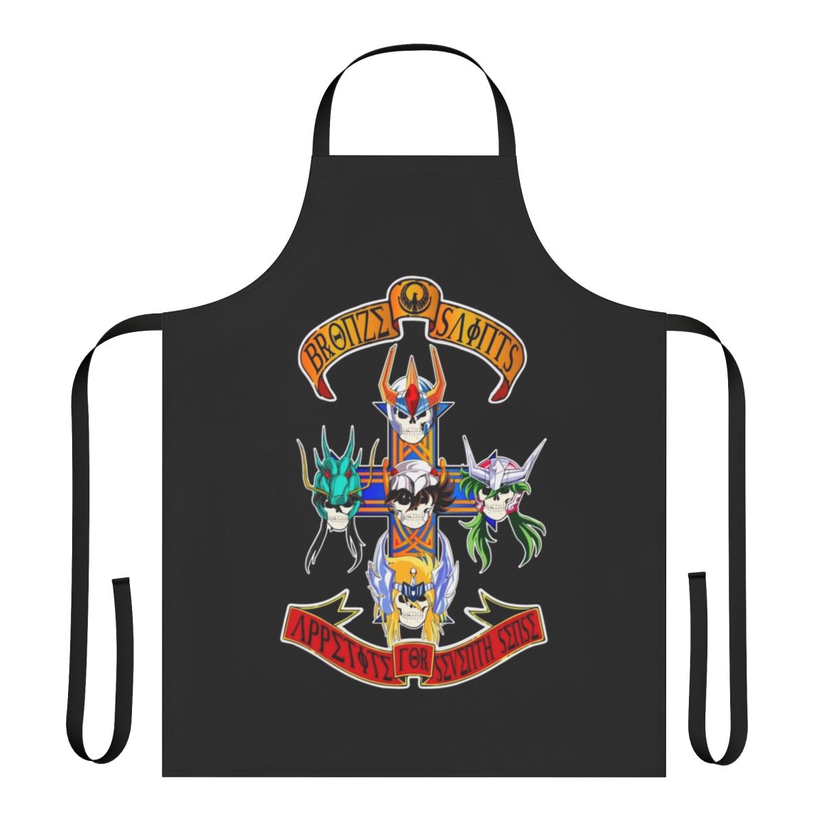 Saint Seiya inspired apron with zodiac knight, cross, and skull designs