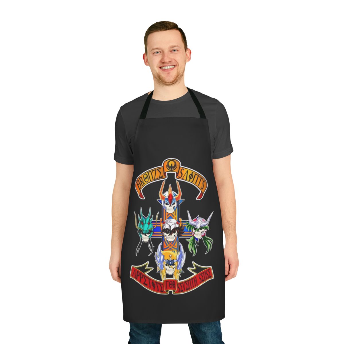 Saint Seiya inspired apron with zodiac knight, cross, and skull designs