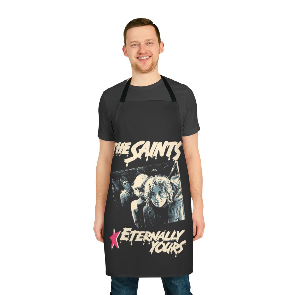 Saints-inspired apron with punk rock band logo and design