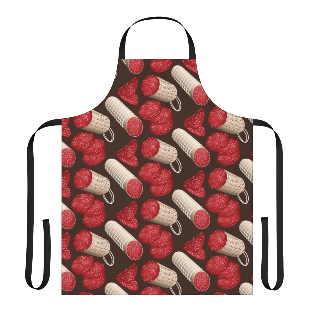 Closeup of a high-quality apron featuring a fun and colorful salami pattern design