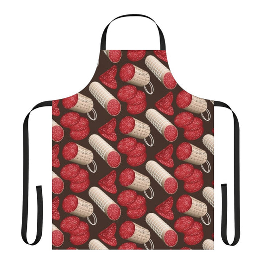 Closeup of a high-quality apron featuring a fun and colorful salami pattern design