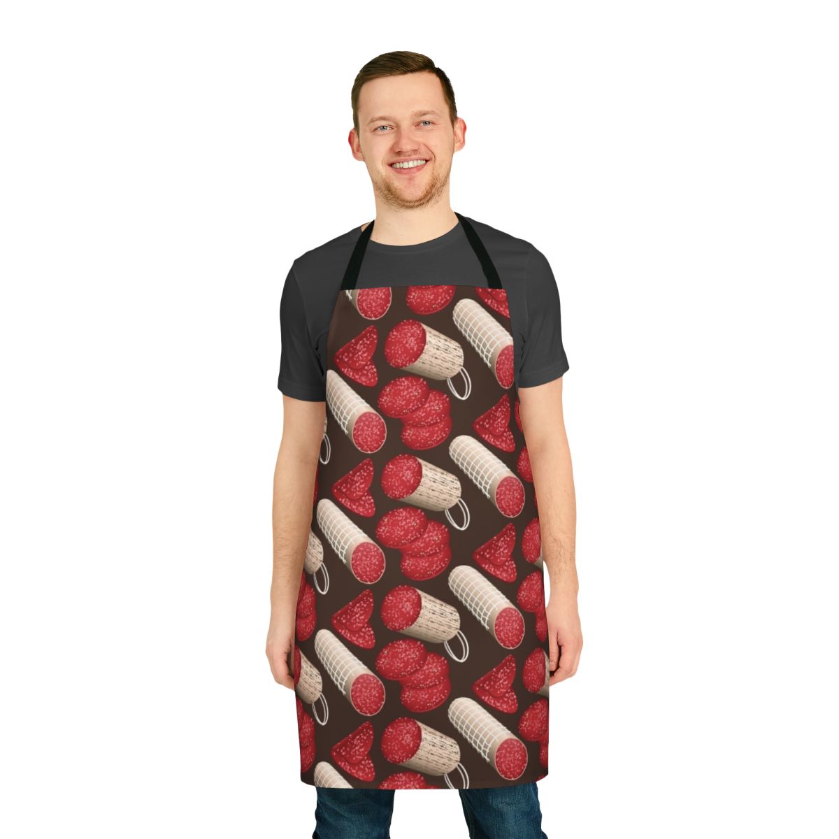 Closeup of a high-quality apron featuring a fun and colorful salami pattern design