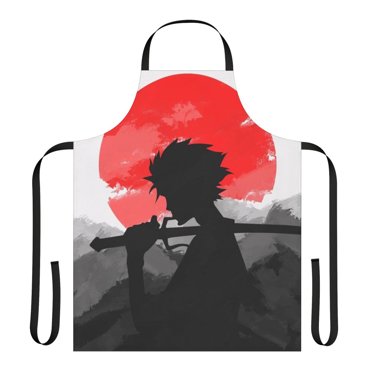 Samurai anime-themed apron with a sunset design