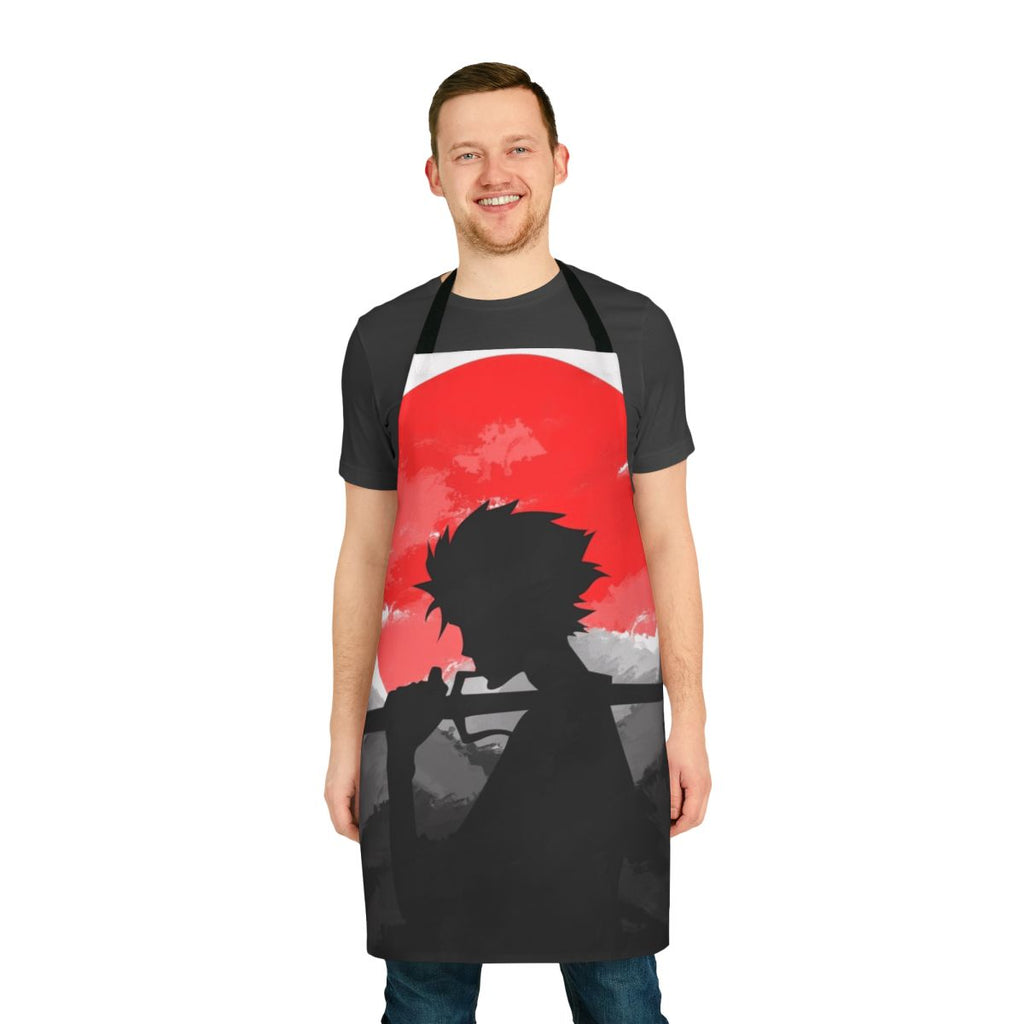 Samurai anime-themed apron with a sunset design