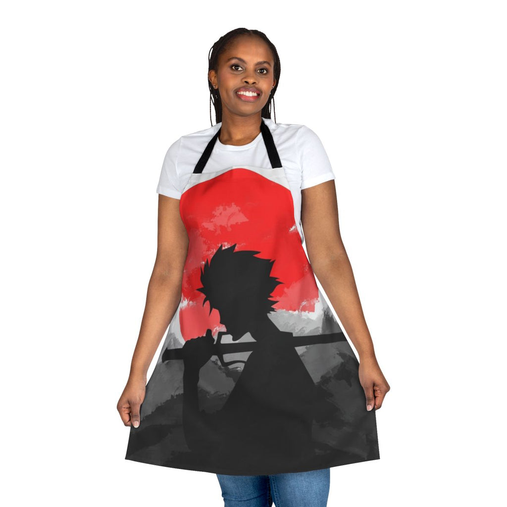 Samurai anime-themed apron with a sunset design