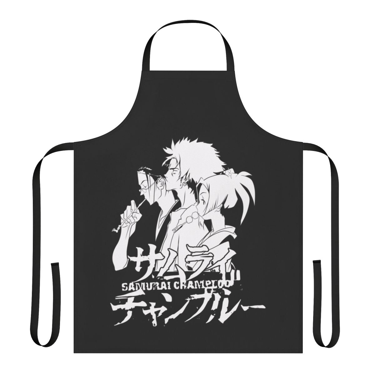 Samurai Champloo inspired apron featuring characters Fuu, Mugen, and Jin