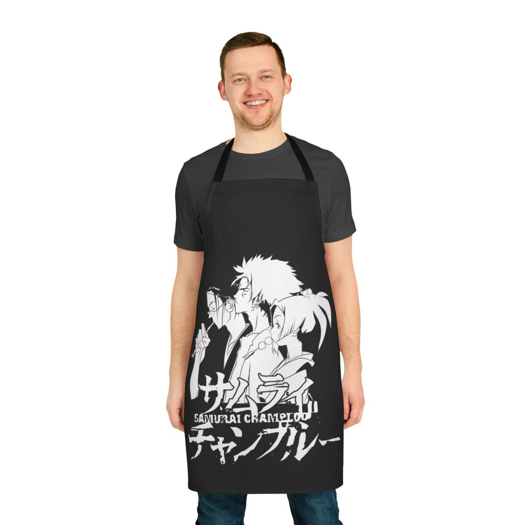 Samurai Champloo inspired apron featuring characters Fuu, Mugen, and Jin