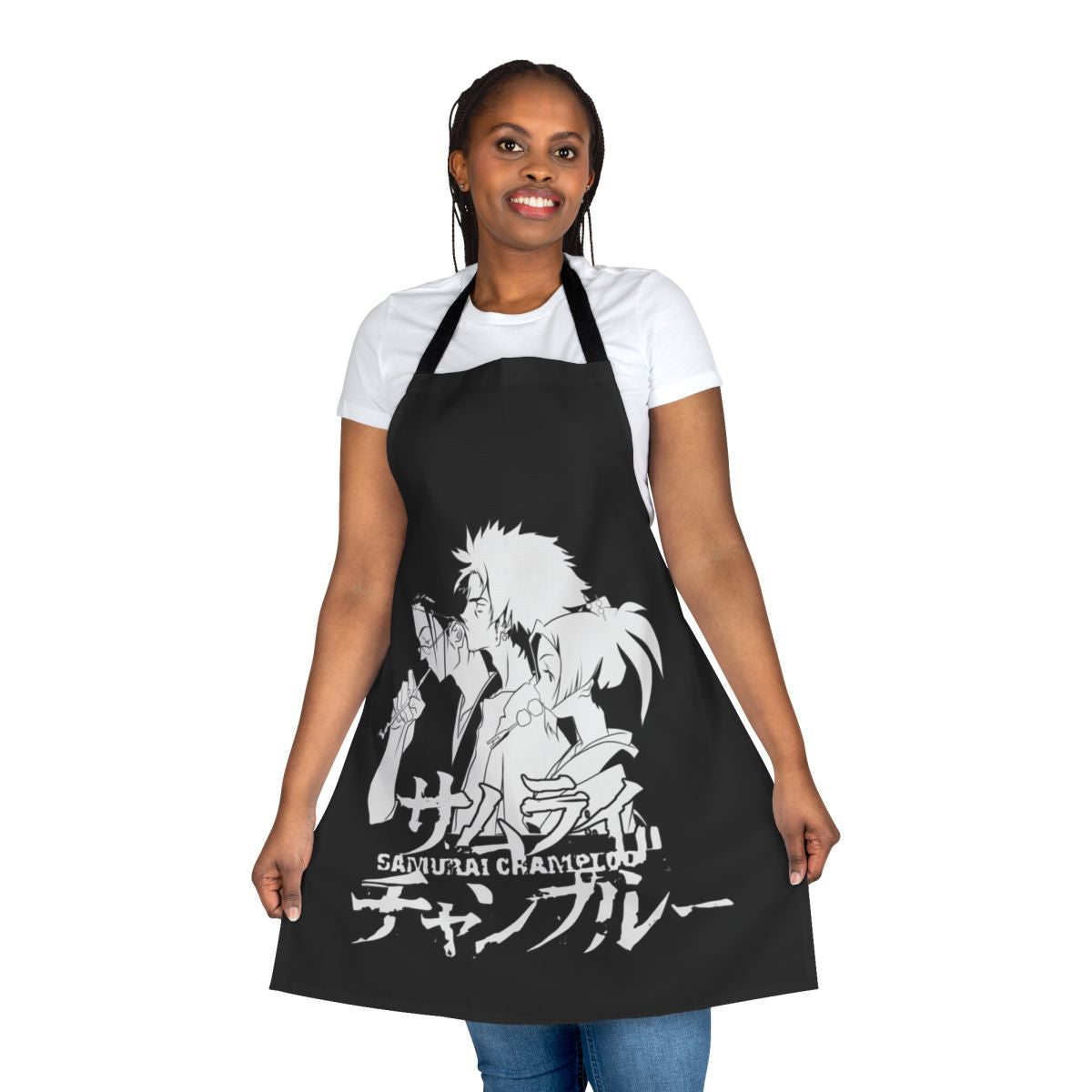 Samurai Champloo inspired apron featuring characters Fuu, Mugen, and Jin