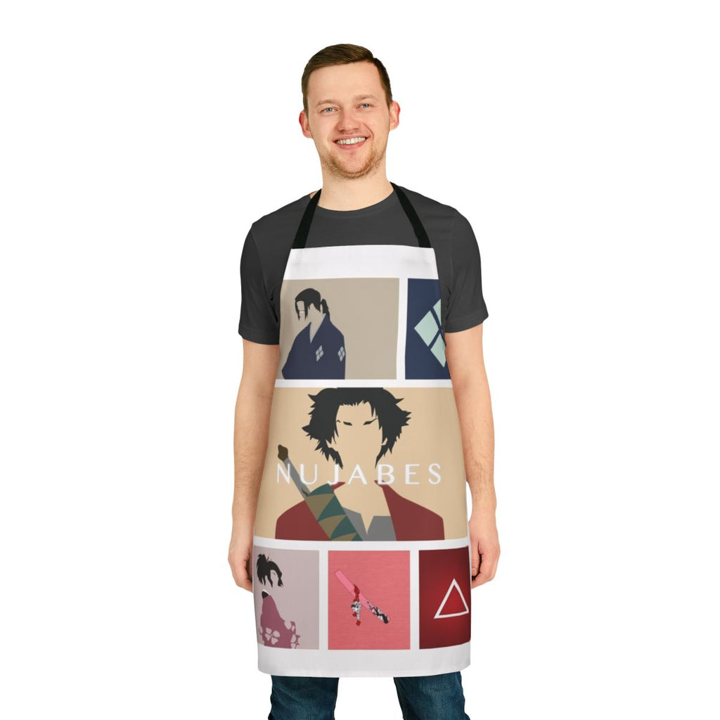 Samurai Champloo themed apron featuring iconic anime characters Mugen, Jin, and Fuu