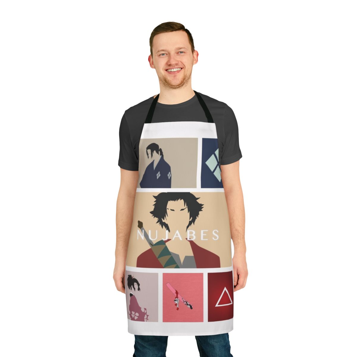 Samurai Champloo themed apron featuring iconic anime characters Mugen, Jin, and Fuu