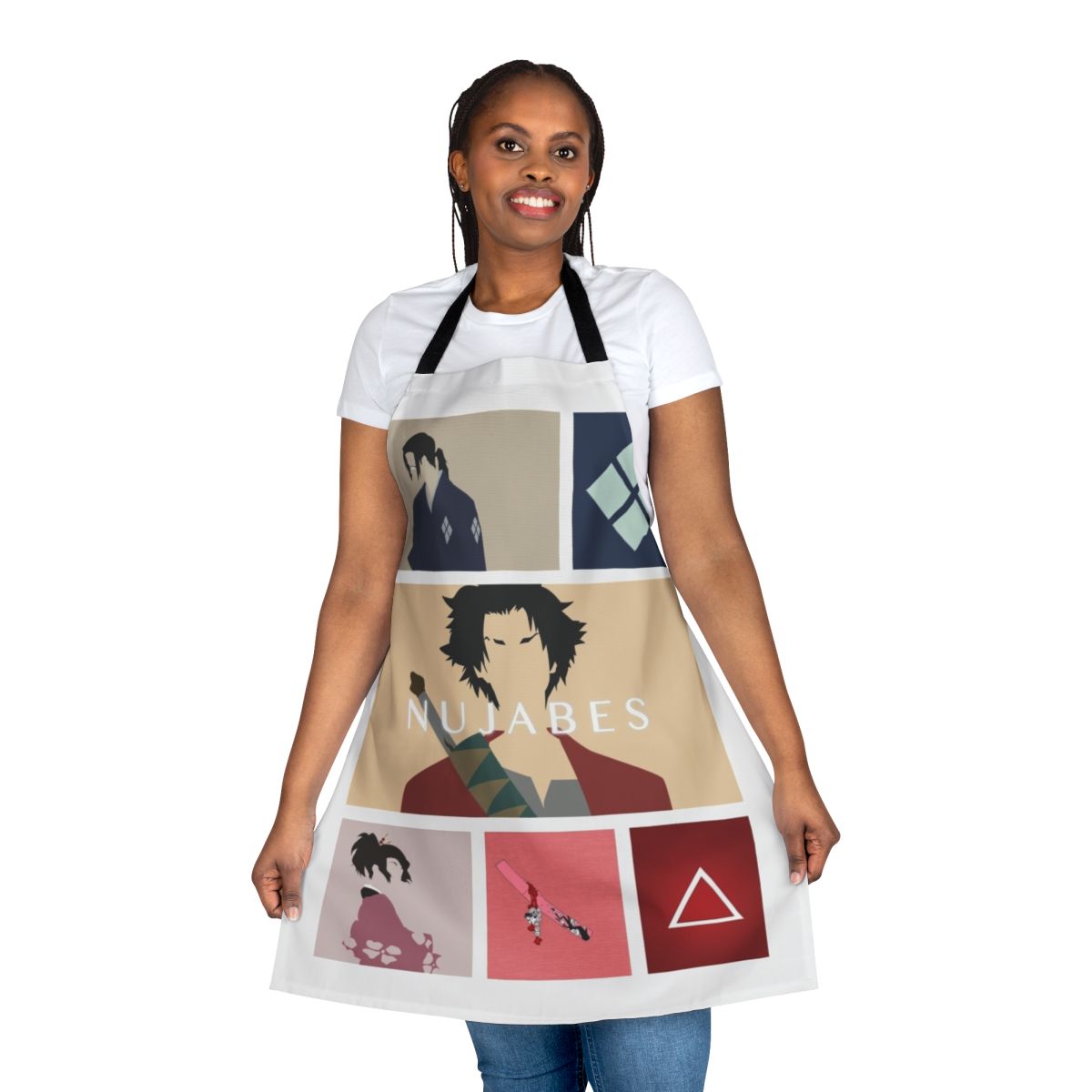 Samurai Champloo themed apron featuring iconic anime characters Mugen, Jin, and Fuu